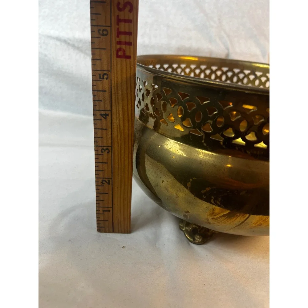 Vintage Brass Footed Planter‎ Reticulated Rim Lion Paw Feet Cachepot Bowl 7.5in